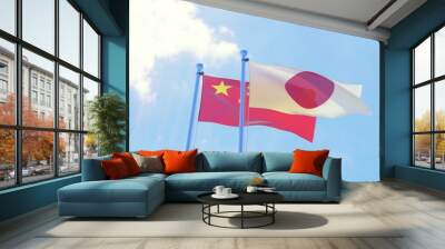 China and Japan, two flags waving against blue sky. 3d image Wall mural