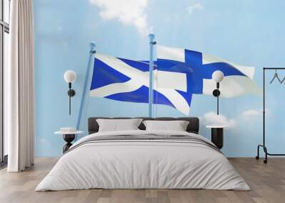 Finland and Scotland, two flags waving against blue sky. 3d image Wall mural