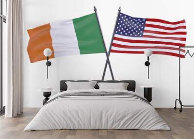 Ireland and USA, two crossed flags isolated on white background. 3d image Wall mural