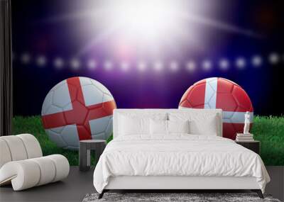 Two soccer balls in flags colors on stadium blurred background. England and Denmark. Semifinal. 3d image Wall mural