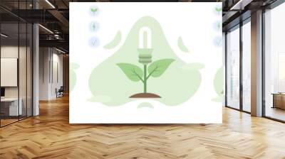 Sustainability illustration set. ESG.  Characters reduce energy consumption at home, unplug appliances and use energy saving light bulb. Green electricity and power save concept. Vector illustration. Wall mural