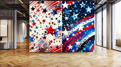 Unique and eye-catching design featuring the American flag with scattered red and blue stars. Classic car combination. Art Deco. Pictograms. Gradient colors. magical realism. Wall mural