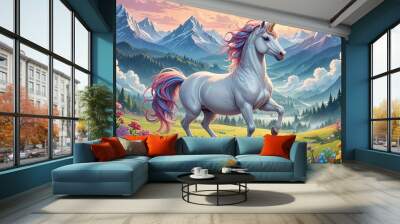 Cartoon illustration of a unicorn with a colorful tail and mane Wall mural