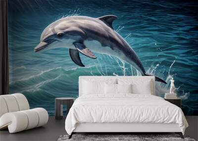 Close-up of a diving dolphin against the backdrop of raging sea waves	 Wall mural