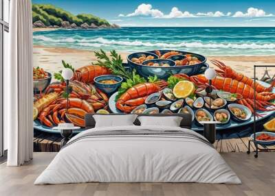 Culinary dish of seafood, a wide variety of seafood delicacies Wall mural