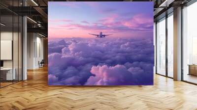 Aerial photo of the sky above clouds with a plane flying away. Dreamy pastel color palette with purple, blue and pink primary colors. Wall mural