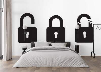 Lock in three variations - open, closed and damaged. Simple icon set in flat vector design isolated on white. Black silhouette. Security concept Wall mural