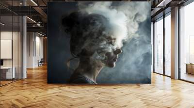 Portrait of a woman with steam coming out of her head. Headache and burnout concept Wall mural