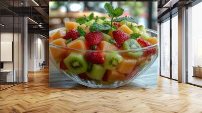 A bowl of mixed fruit salad on a wooden table. Wall mural