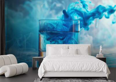 A glass with blue liquid and ink mixing. Wall mural