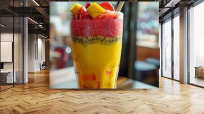 A layered fruit smoothie in a glass. Wall mural