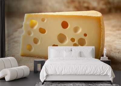 A slice of Swiss cheese with holes on a wooden surface. Wall mural