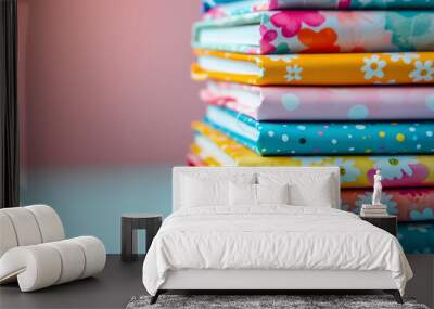 A stack of colorful fabric with various patterns in a close-up view. Wall mural