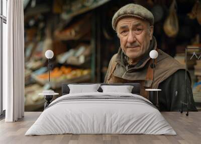 An elderly bookseller at a market stand. Wall mural