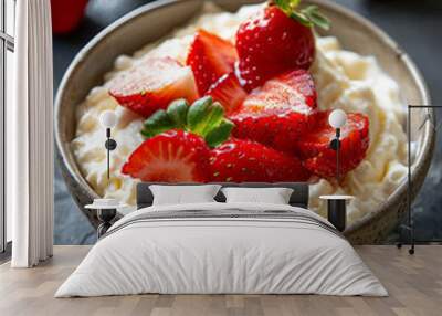 Bowl of creamy dessert topped with fresh strawberries Wall mural