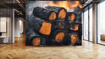 Burned firewood with flames and smoke. Wall mural