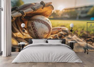 Close up of a baseball glove with a baseball Wall mural