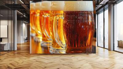 Five mugs of frothy beer on a wooden table Wall mural