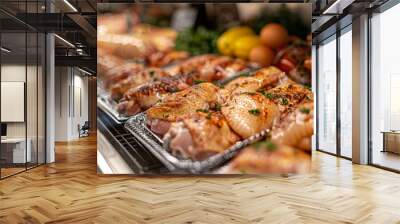 Fresh chicken displayed at a market counter. Wall mural