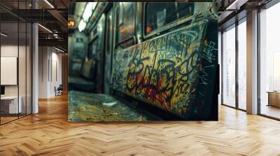 Graffiti-covered train seat inside an urban subway car. Wall mural