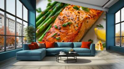 Grilled salmon with asparagus and lemon on a plate Wall mural