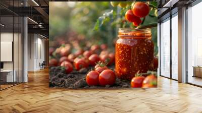 Jar of homemade tomato preserve in a garden with ripe tomatoes. Wall mural