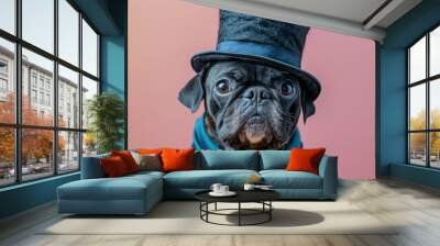 Pug wearing a top hat against a pink background Wall mural