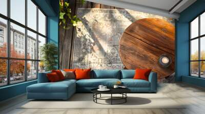 Round wooden table with a candle on a terrace in natural light. Wall mural