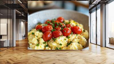 Scrambled eggs garnished with tomatoes and chives in a bowl. Wall mural