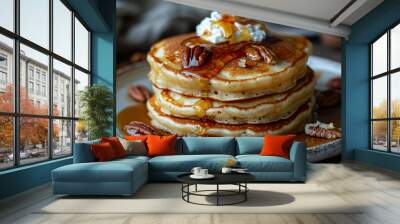 Stack of pancakes with pecans and syrup Wall mural