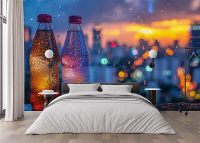 Two wet bottles against a sunset city backdrop Wall mural