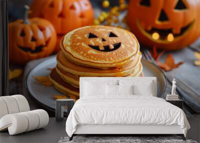 Idea for breakfast on Halloween, food for children. Pumpkin pancakes Wall mural