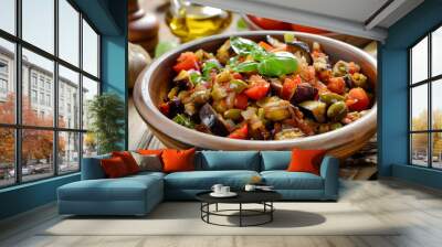 Vegetable stew, saute or caponata. Stewed eggplant. Caponata siciliana. Wall mural