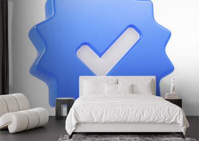 Approved Icon. Blue Star Shape and White Check Mark Icon. 3D Rendering Wall mural