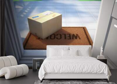 Cardboard parcel box delivered outside the door. Parcel on the door mat near entrance door. Online purchase delivery concept. 3d rendering Wall mural