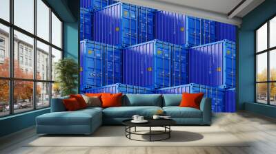 Freight blue containers in a harbor - 3d rendering Wall mural