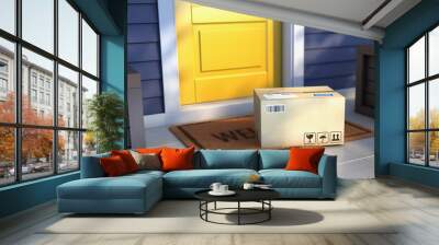 Online purchase delivery service concept. Cardboard parcel box delivered outside the door. Parcel on the door mat near entrance door. 3d rendering Wall mural