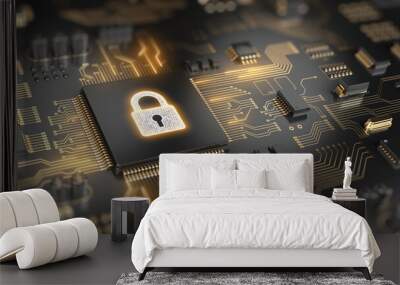 Protect and Security concept. Padlock on microchip processor - technology background. 3d rendering Wall mural