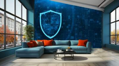 Shield. Abstract wireframe illustration on dark blue. Protect and Security concept. Digital Shield on abstract technology background. 3d rendering Wall mural