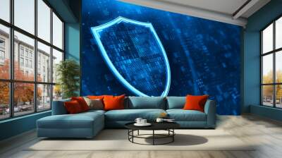 Shield. Abstract wireframe illustration on dark blue. Protect and Security concept. Digital Shield on abstract technology background. 3d rendering Wall mural