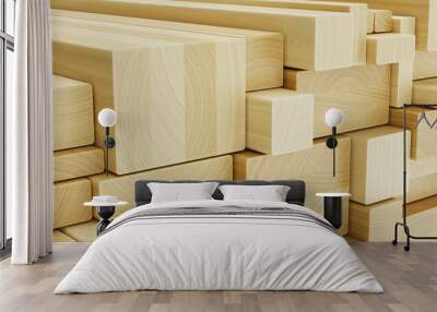 Stack of wooden beams for construction. Close-up wooden beams Wall mural