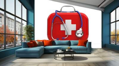 stethoscope and first aid kit isolated Wall mural