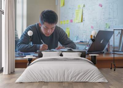 A PhD student studying at his desk focusing on writing his research with laptop, notebook, handwritten notes, diagrams, scrattered academic papers and large whiteboard  Wall mural