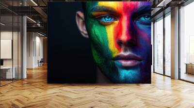 Close-up of an LGBTQ man with face painted in colorful rainbow flag colors, celebrating Pride day with enthusiasm for equality, freedom, gender identity, fluidity and diversity concept Wall mural