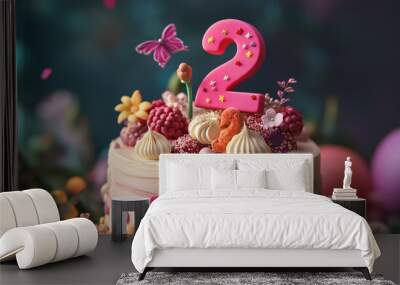 Colorful creative fun floral-themed 2nd Birthday Cake with Red Pink Number two Topper and butterfly for Children's happy bday Party Wall mural