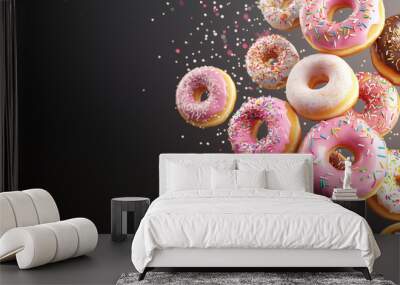 Donuts pattern, food baker bake bakery background banner copyspace, wallpaper, graphic design pattern of doughnuts on a solid color background Wall mural