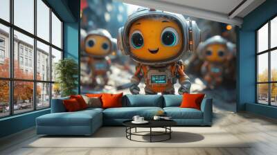 Funny, cute, whimsical yellow alien astronaut 3D cartoon anime animation characters for cartoon film movie storyboard, character development concept, children's book cover Wall mural