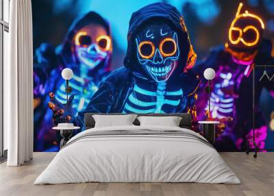 Glow stick skeleton costume for Halloween, kids are wearing glowing sticks at night going out for party, candies, trick or treat. whimsical spooky halloween concept. Haunted house scary neighborhood Wall mural