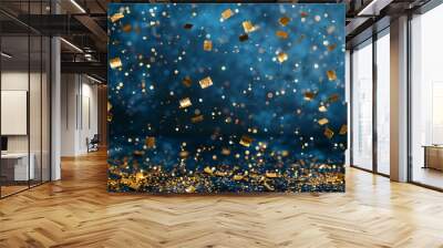 A blue background with gold confetti falling from the sky. The confetti is scattered all over the background, creating a festive and celebratory atmosphere Wall mural