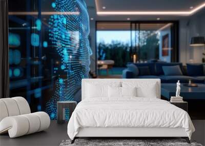 A blue face with a lot of dots on it is displayed on a screen in a living room. The room is furnished with a couch, a coffee table, and a potted plant. Scene is futuristic and technological Wall mural